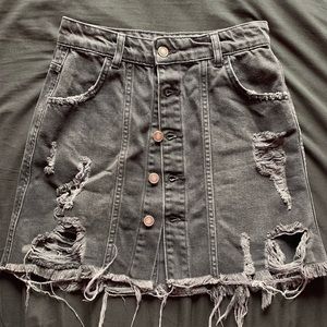 Free People High Waisted Black Denim Ripped Skirt